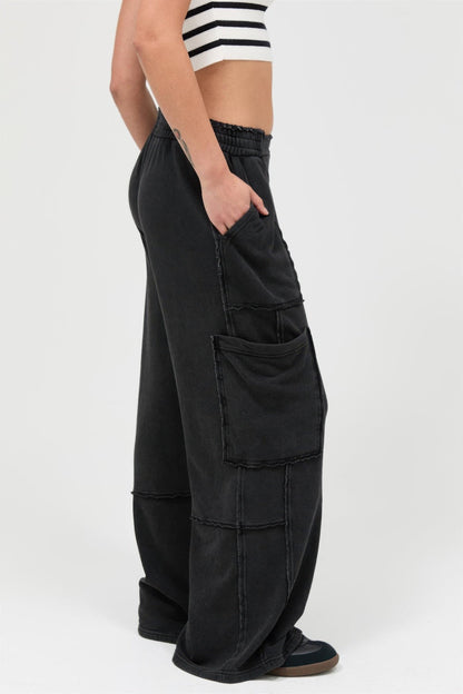 Mineral Wash Wide Leg Cargo Pants – Women’s Cotton Utility Pocket Pants - ZumBuys