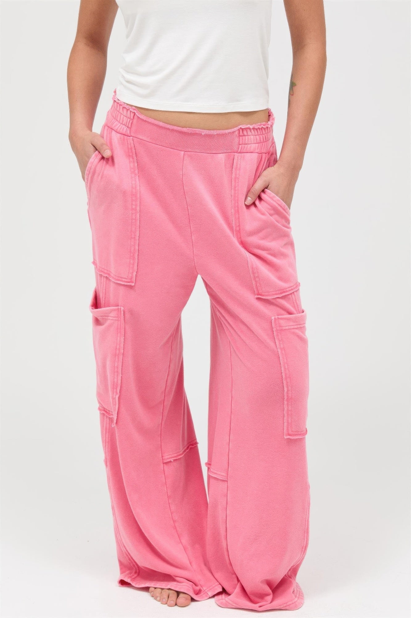 Mineral Wash Wide Leg Cargo Pants – Women’s Cotton Utility Pocket Pants - ZumBuys