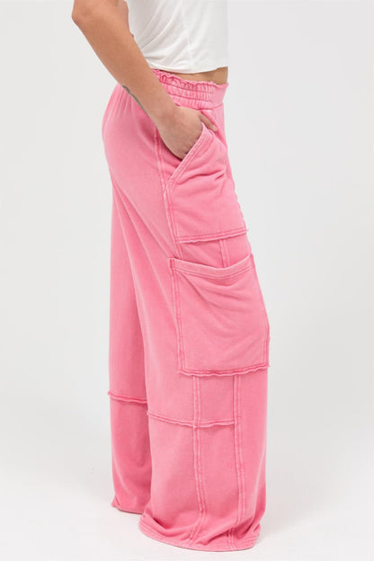 Mineral Wash Wide Leg Cargo Pants – Women’s Cotton Utility Pocket Pants - ZumBuys