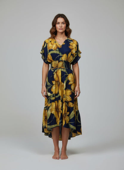 Mlle Gabrielle Floral Dress – Flowy V - Neck High - Low Women’s Dress - ZumBuys