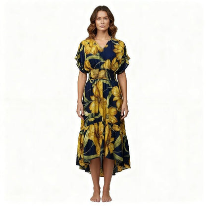 Mlle Gabrielle Floral Dress – Flowy V - Neck High - Low Women’s Dress - ZumBuys