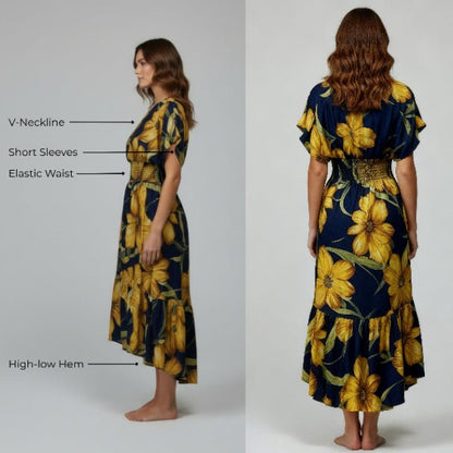 Mlle Gabrielle Floral Dress – Flowy V - Neck High - Low Women’s Dress - ZumBuys