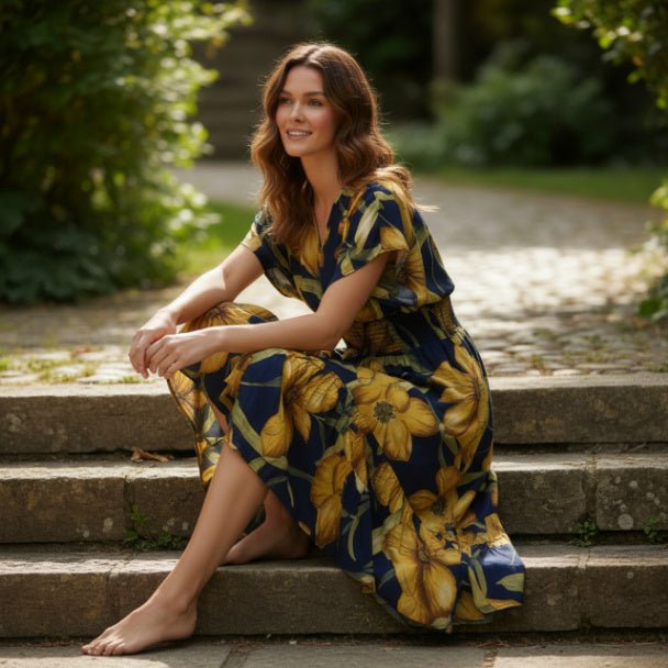 Mlle Gabrielle Floral Dress – Flowy V - Neck High - Low Women’s Dress - ZumBuys
