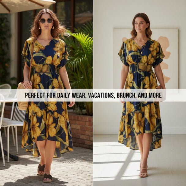 Mlle Gabrielle Floral Dress – Flowy V - Neck High - Low Women’s Dress - ZumBuys