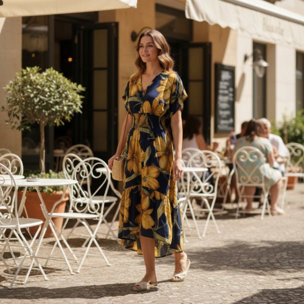 Mlle Gabrielle Floral Dress – Flowy V - Neck High - Low Women’s Dress - ZumBuys