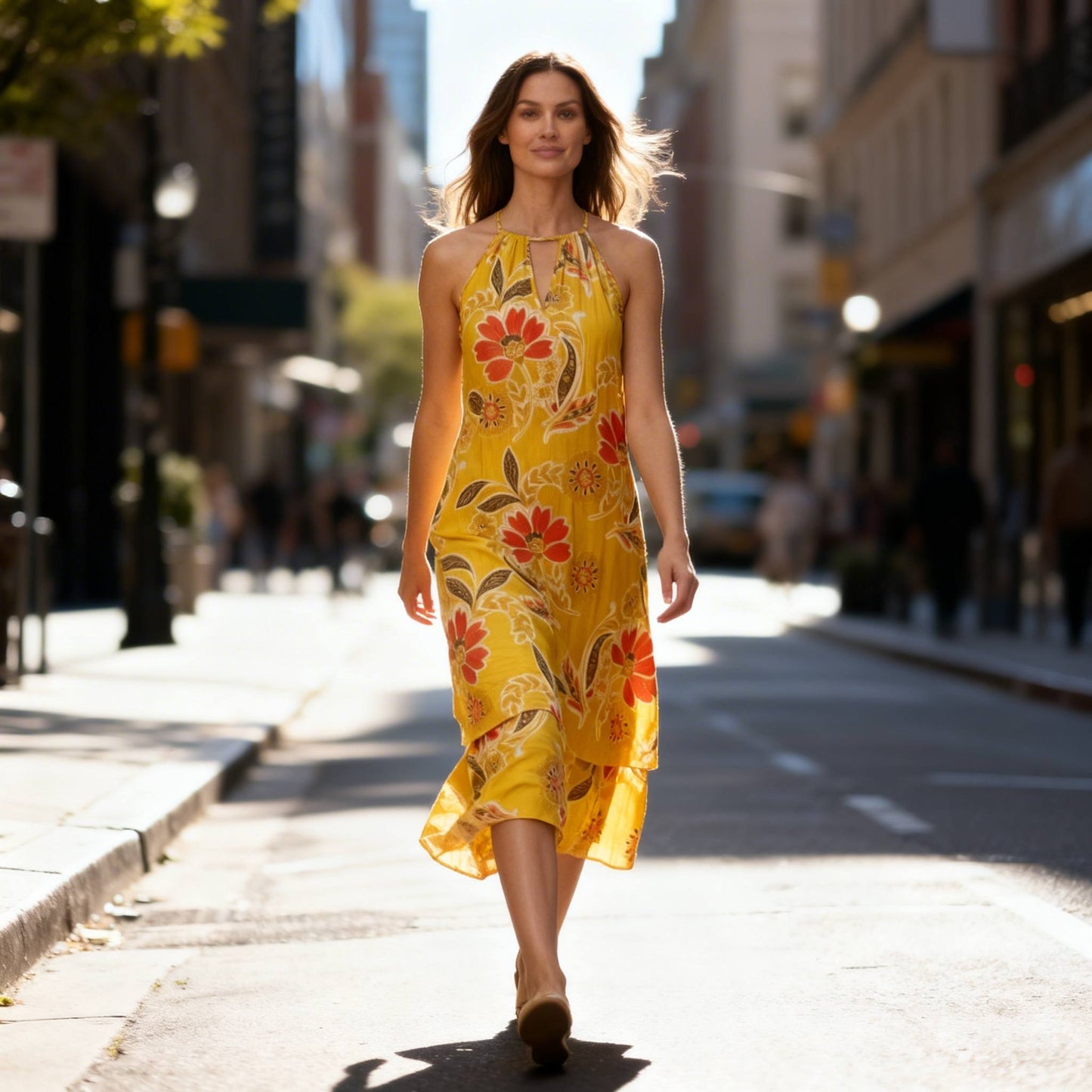 Mlle Gabrielle Floral Sleeveless Dress – High - Low Ruffle Summer Dress - Mustard Floral - ZumBuys