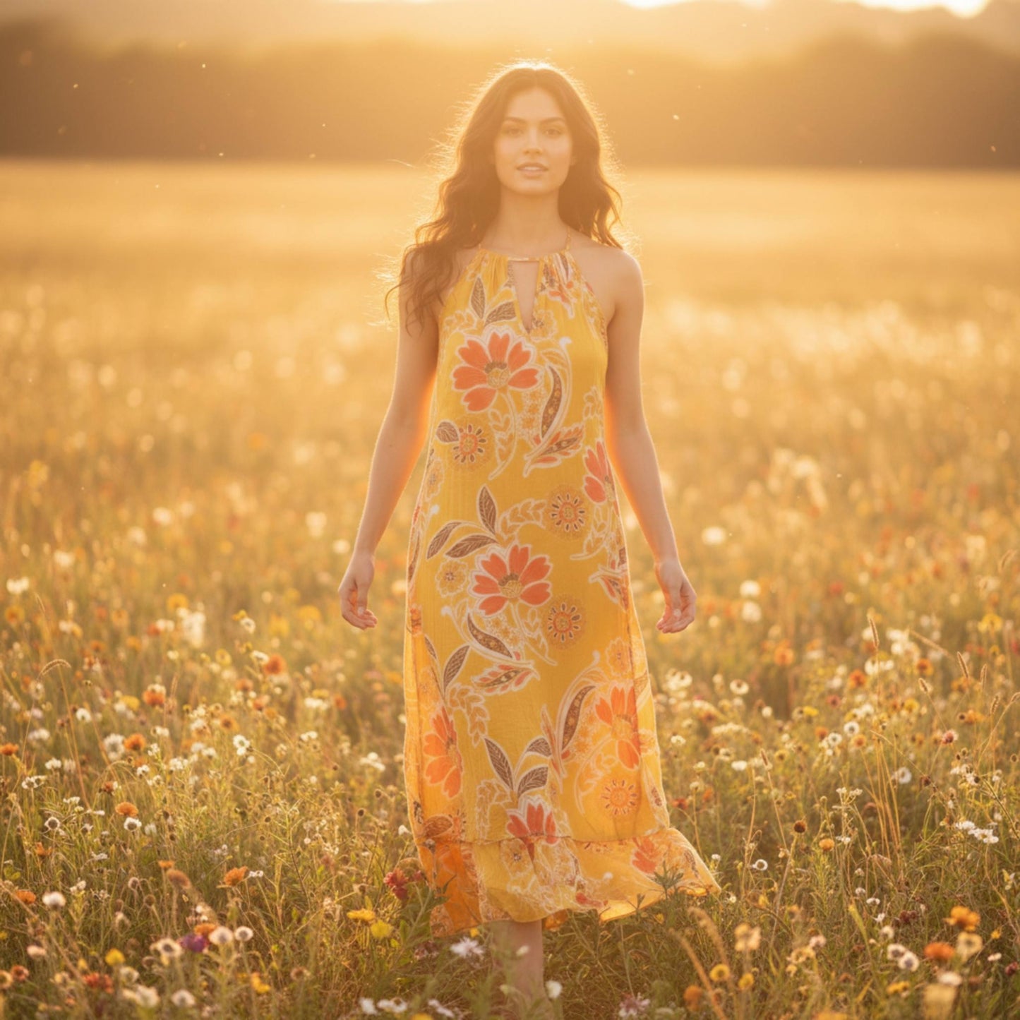 Mlle Gabrielle Floral Sleeveless Dress – High - Low Ruffle Summer Dress - Mustard Floral - ZumBuys