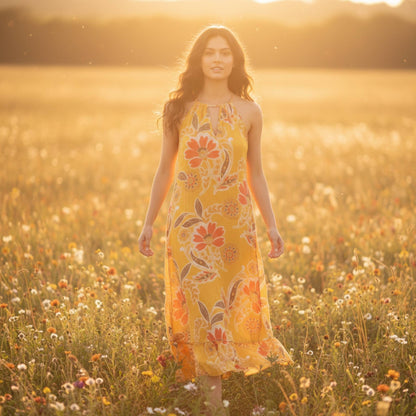 Mlle Gabrielle Floral Sleeveless Dress – High - Low Ruffle Summer Dress - Mustard Floral - ZumBuys