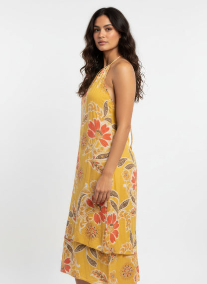 Mlle Gabrielle Floral Sleeveless Dress – High - Low Ruffle Summer Dress - Mustard Floral - ZumBuys