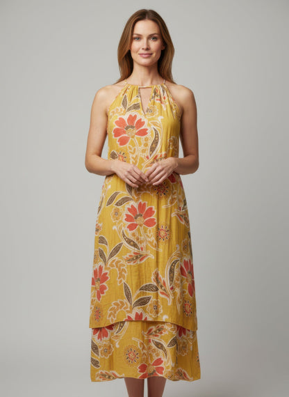 Mlle Gabrielle Floral Sleeveless Dress – High - Low Ruffle Summer Dress - Mustard Floral - ZumBuys