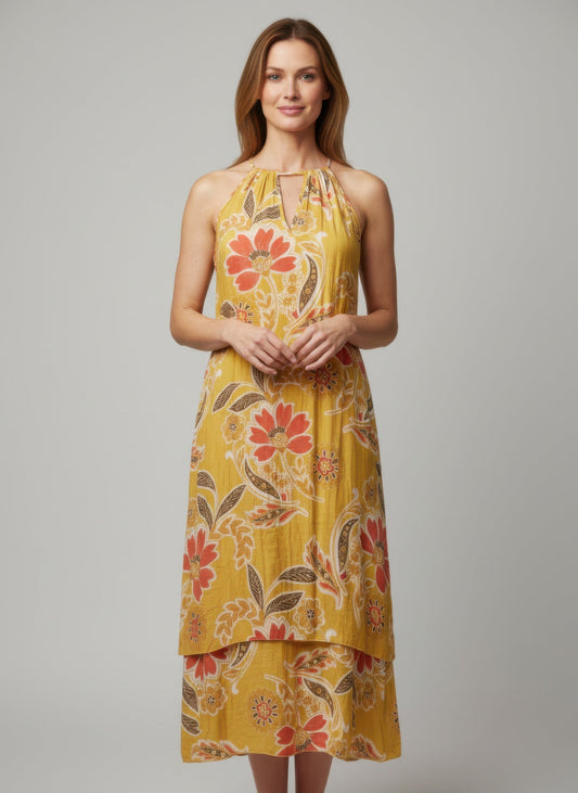 Mlle Gabrielle Floral Sleeveless Dress – High - Low Ruffle Summer Dress - Mustard Floral - ZumBuys
