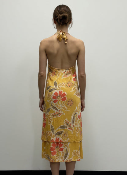Mlle Gabrielle Floral Sleeveless Dress – High - Low Ruffle Summer Dress - Mustard Floral - ZumBuys