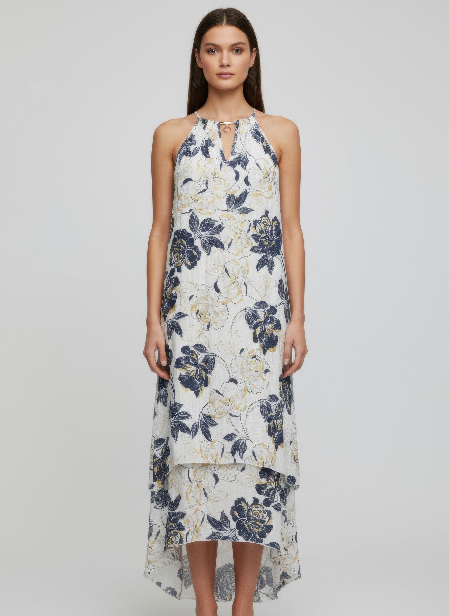 Mlle Gabrielle Floral Sleeveless Dress – High - Low Ruffle Summer Dress - White Floral - ZumBuys