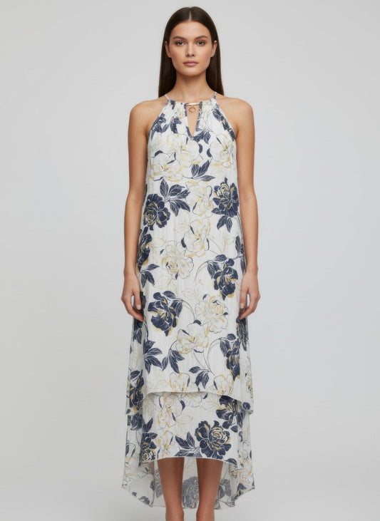Mlle Gabrielle Floral Sleeveless Dress – High - Low Ruffle Summer Dress - White Floral - ZumBuys