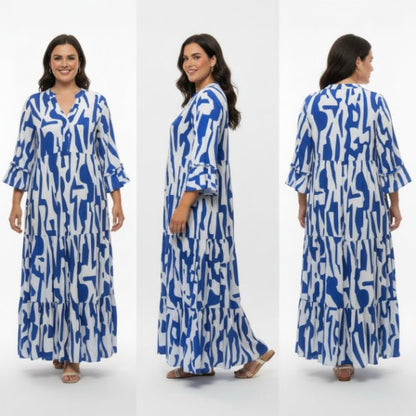 Mlle Gabrielle Plus Size Printed Maxi Dress – Flowy Ruffle Sleeve Dress - ZumBuys