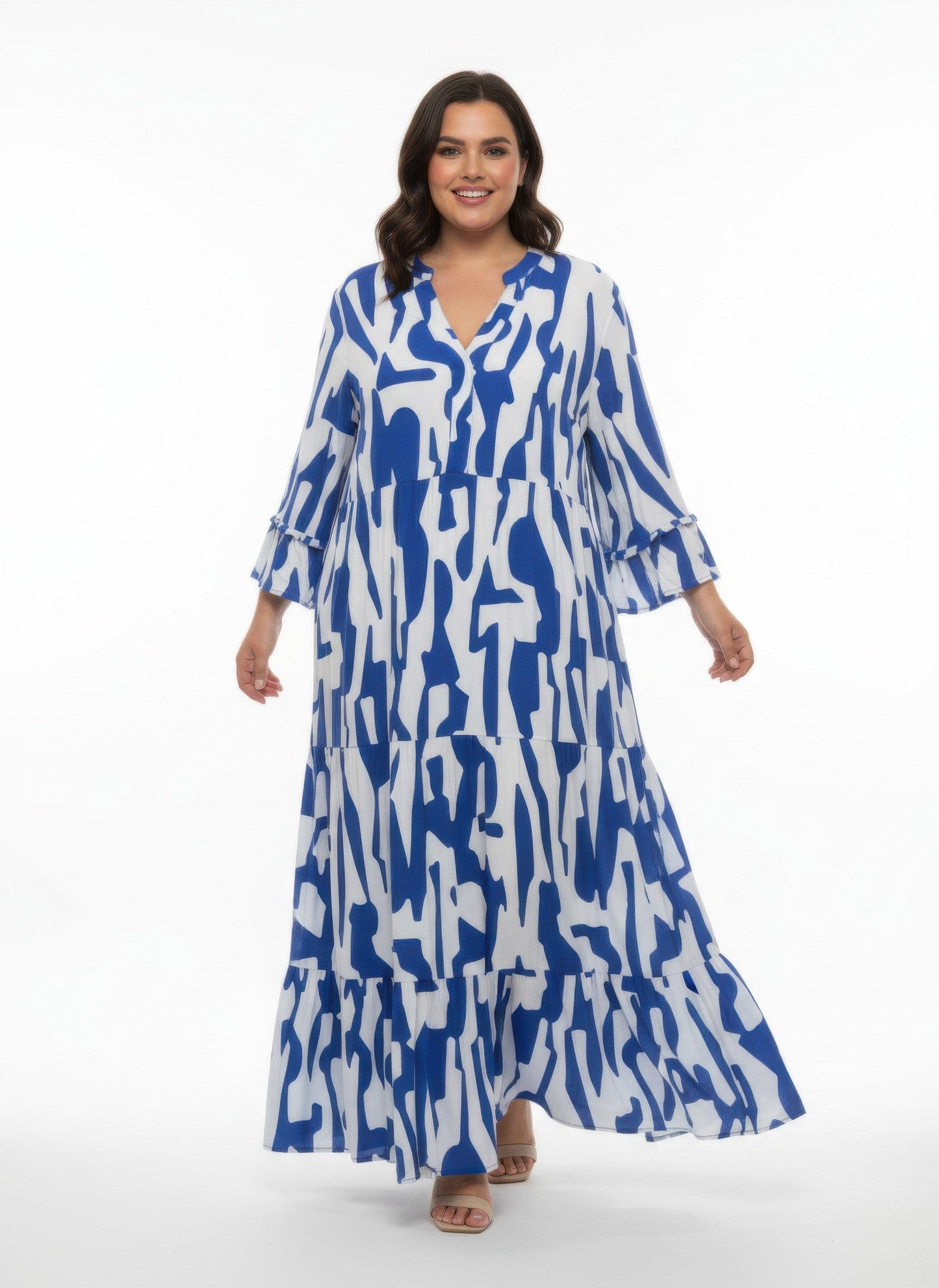 Mlle Gabrielle Plus Size Printed Maxi Dress – Flowy Ruffle Sleeve Dress - ZumBuys