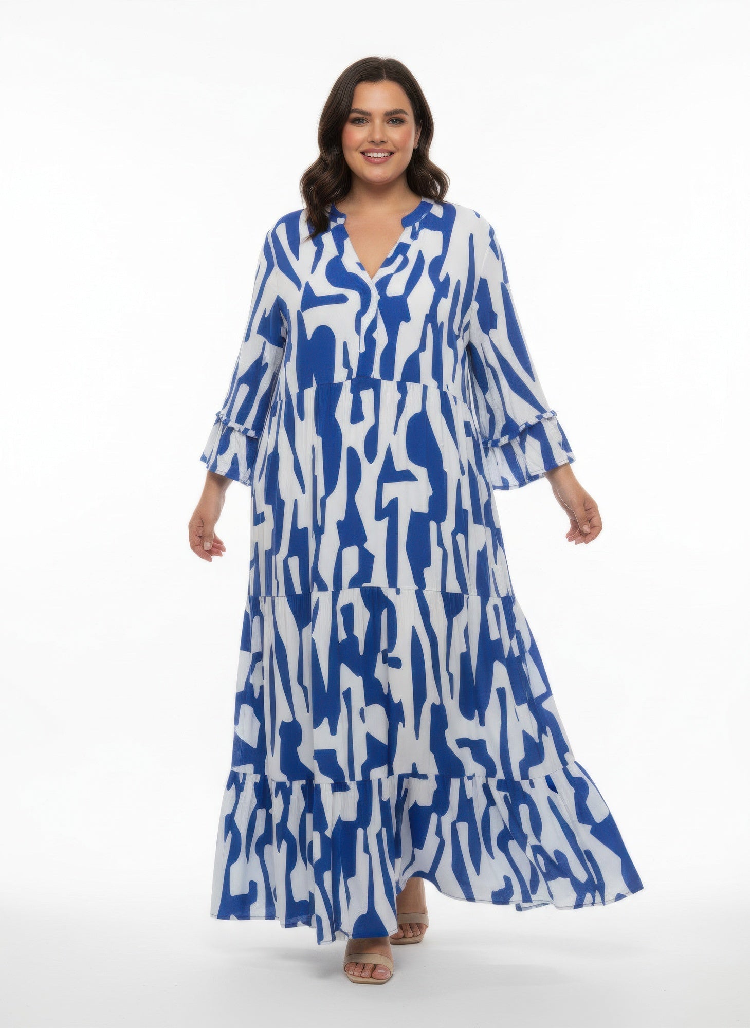 Mlle Gabrielle Plus Size Printed Maxi Dress – Flowy Ruffle Sleeve Dress - ZumBuys