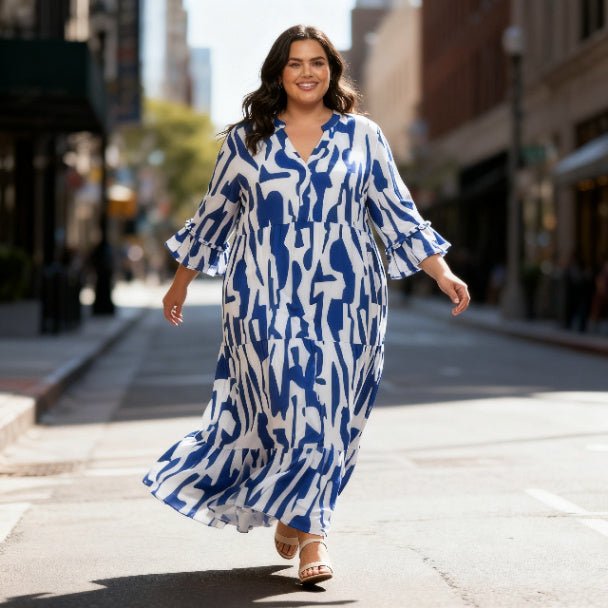 Mlle Gabrielle Plus Size Printed Maxi Dress – Flowy Ruffle Sleeve Dress - ZumBuys