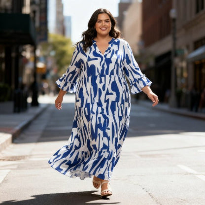 Mlle Gabrielle Plus Size Printed Maxi Dress – Flowy Ruffle Sleeve Dress - ZumBuys