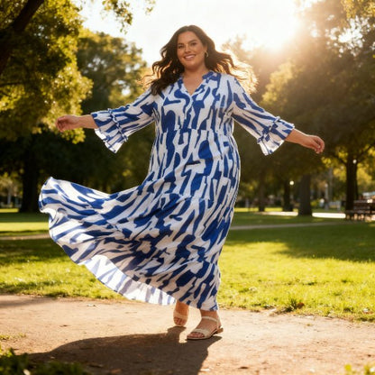 Mlle Gabrielle Plus Size Printed Maxi Dress – Flowy Ruffle Sleeve Dress - ZumBuys