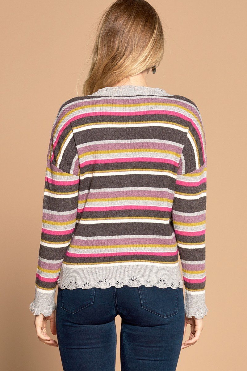 Multi - colored Variegated Striped Knit Sweater - ZumBuys