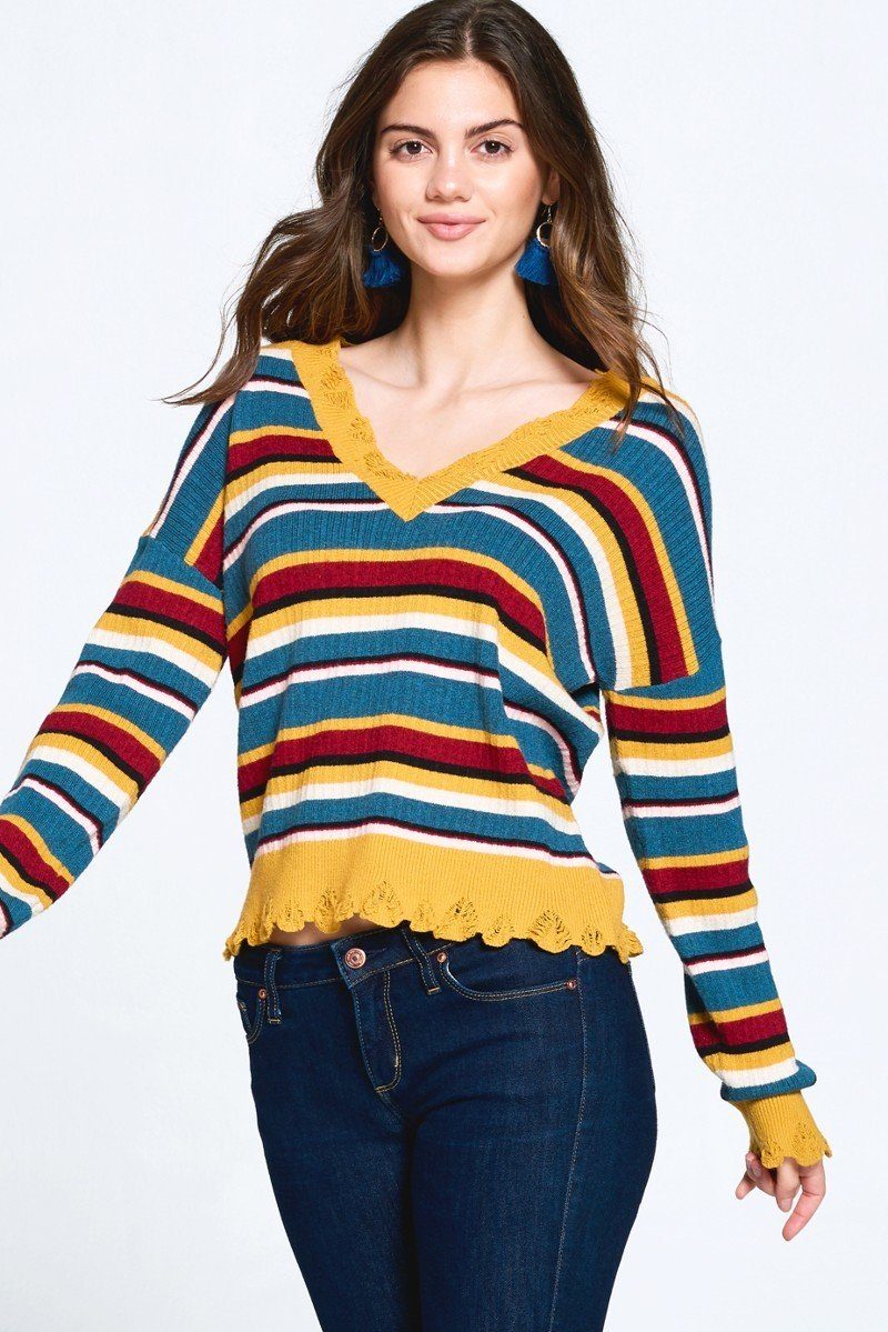 Multi - colored Variegated Striped Knit Sweater - ZumBuys