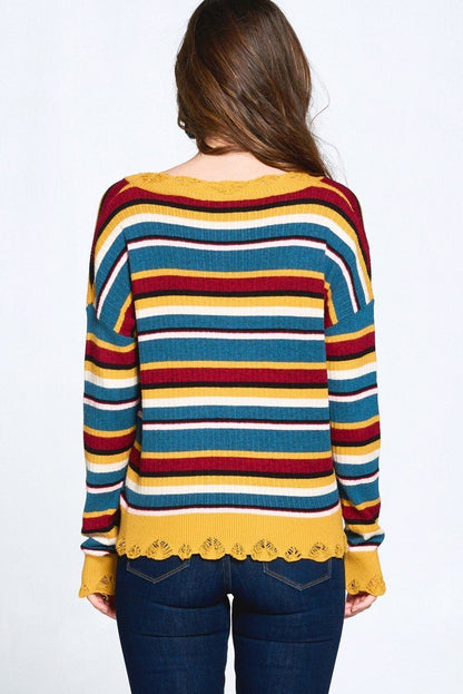 Multi - colored Variegated Striped Knit Sweater - ZumBuys
