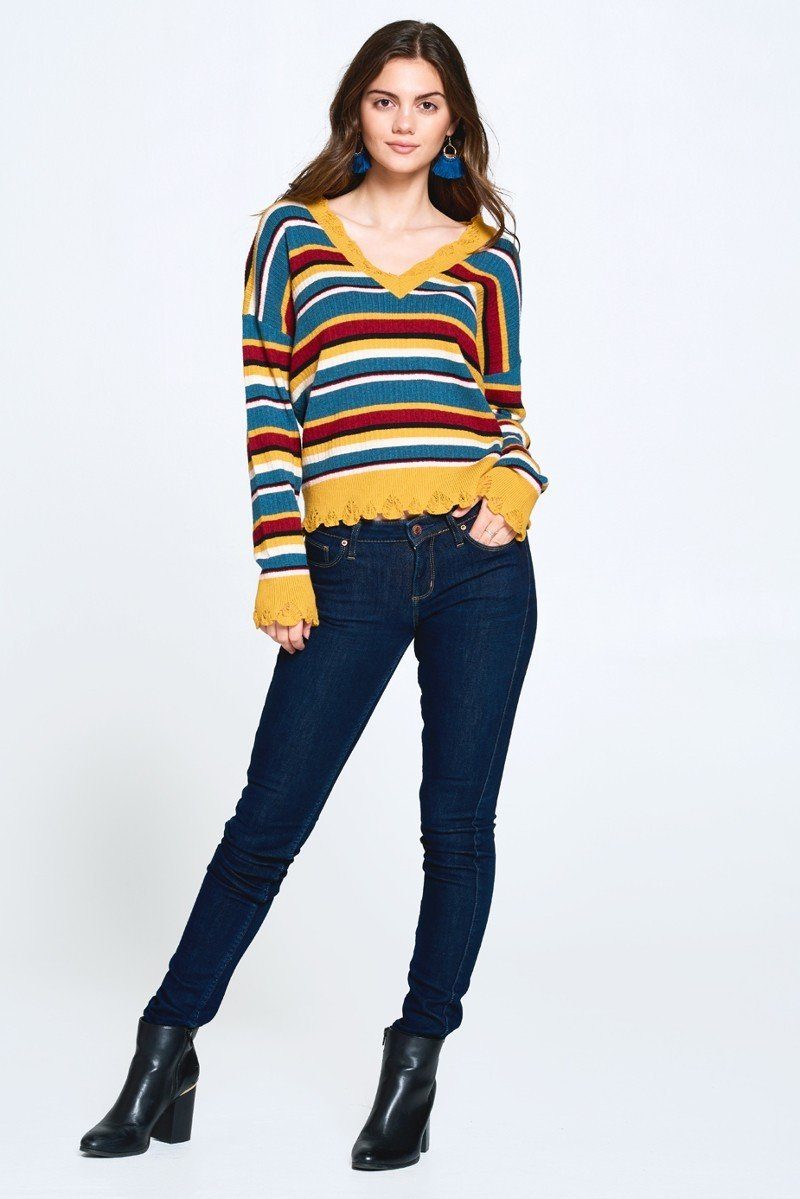Multi - colored Variegated Striped Knit Sweater - ZumBuys