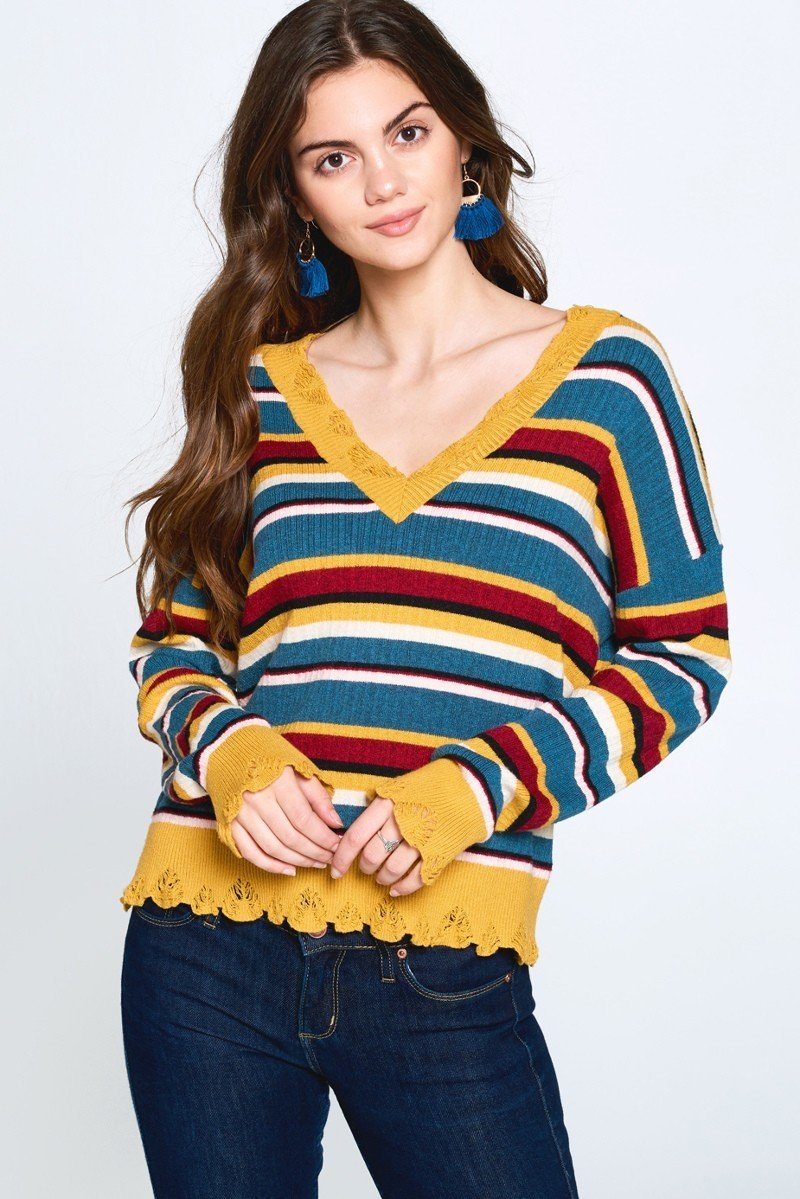Multi - colored Variegated Striped Knit Sweater - ZumBuys