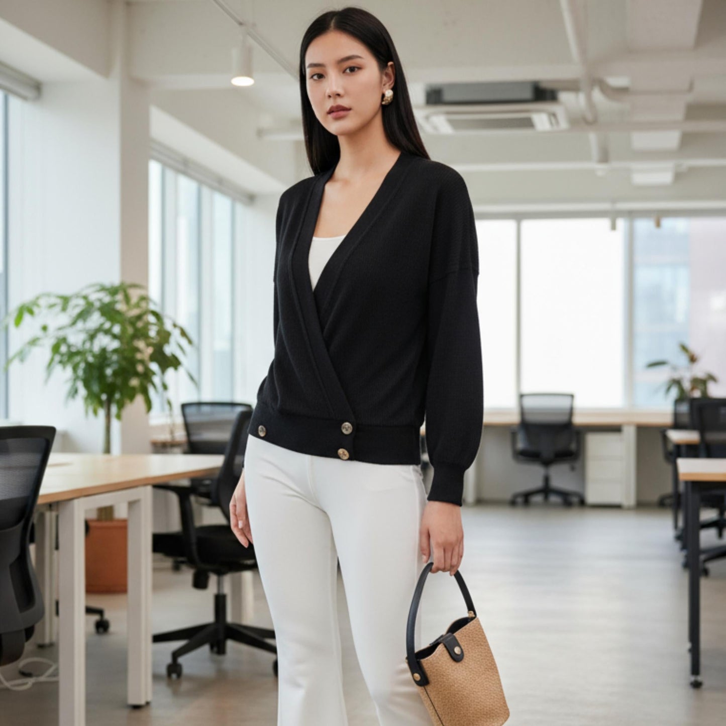 Overwrap Front Button Detail Long Sleeve Knit Top - ZumBuys