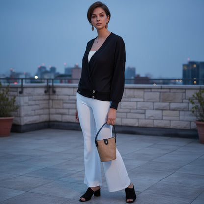 Overwrap Front Button Detail Long Sleeve Knit Top - ZumBuys