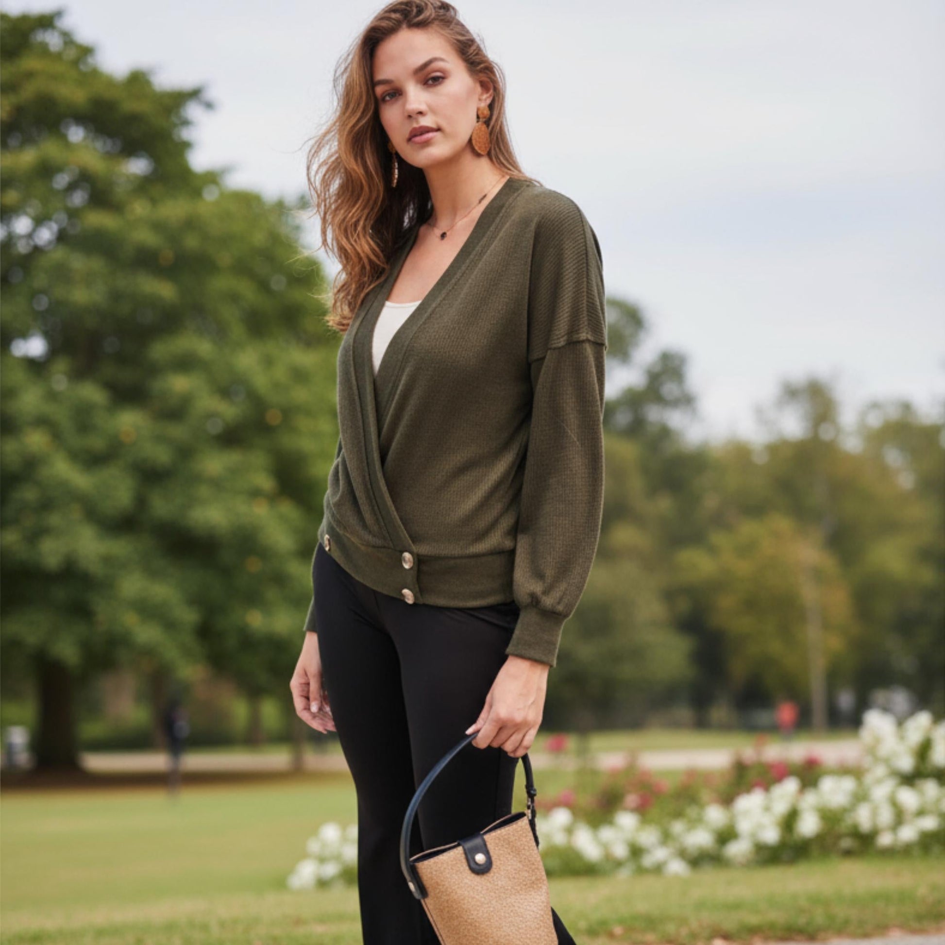 Overwrap Front Button Detail Long Sleeve Knit Top - ZumBuys