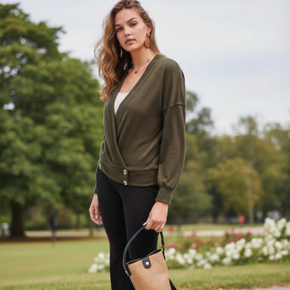 Overwrap Front Button Detail Long Sleeve Knit Top - ZumBuys