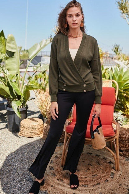 Overwrap Front Button Detail Long Sleeve Knit Top - ZumBuys