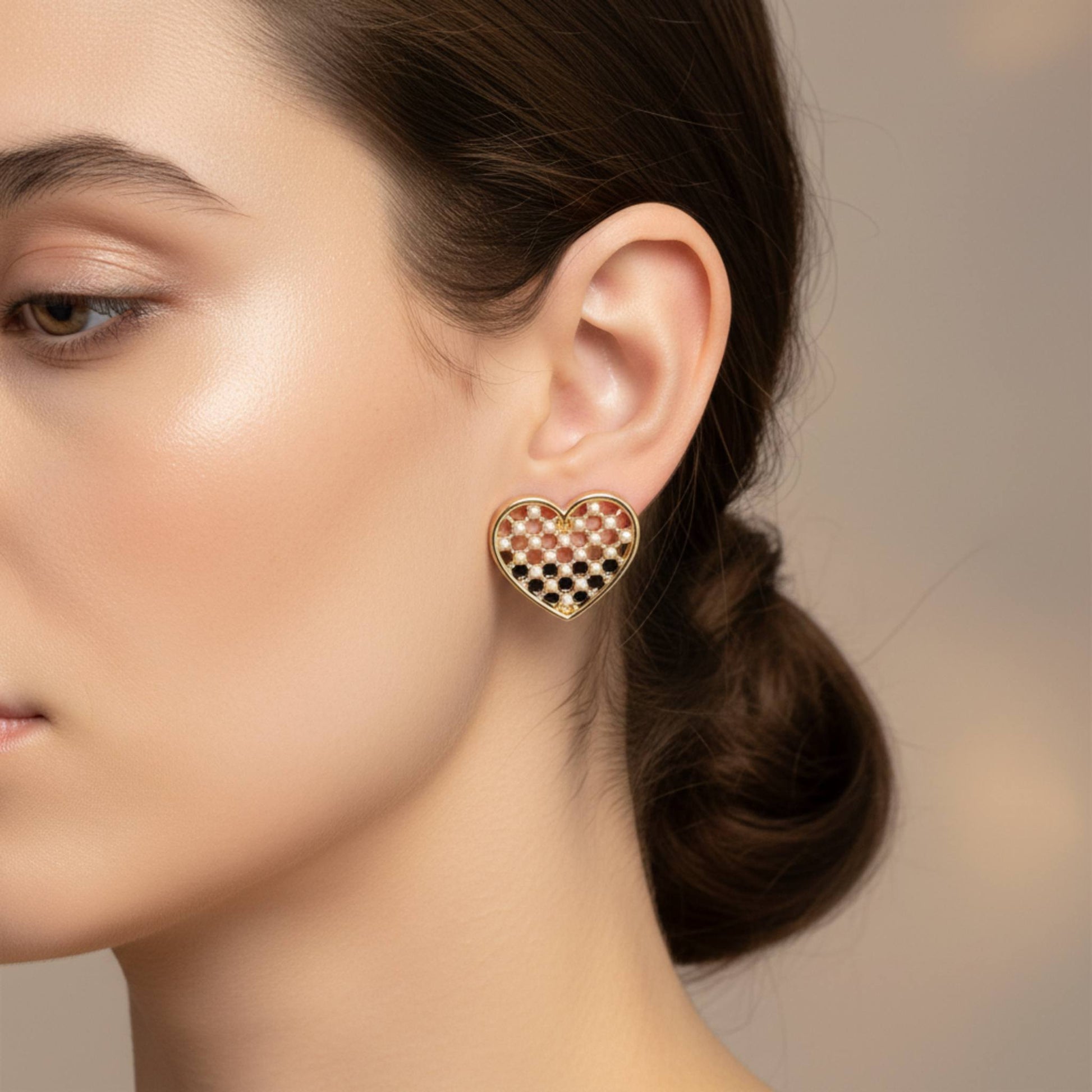 Pearl Quilt Heart Stud Earrings - ZumBuys