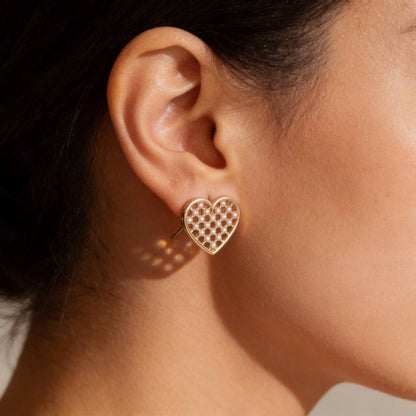 Pearl Quilt Heart Stud Earrings - ZumBuys