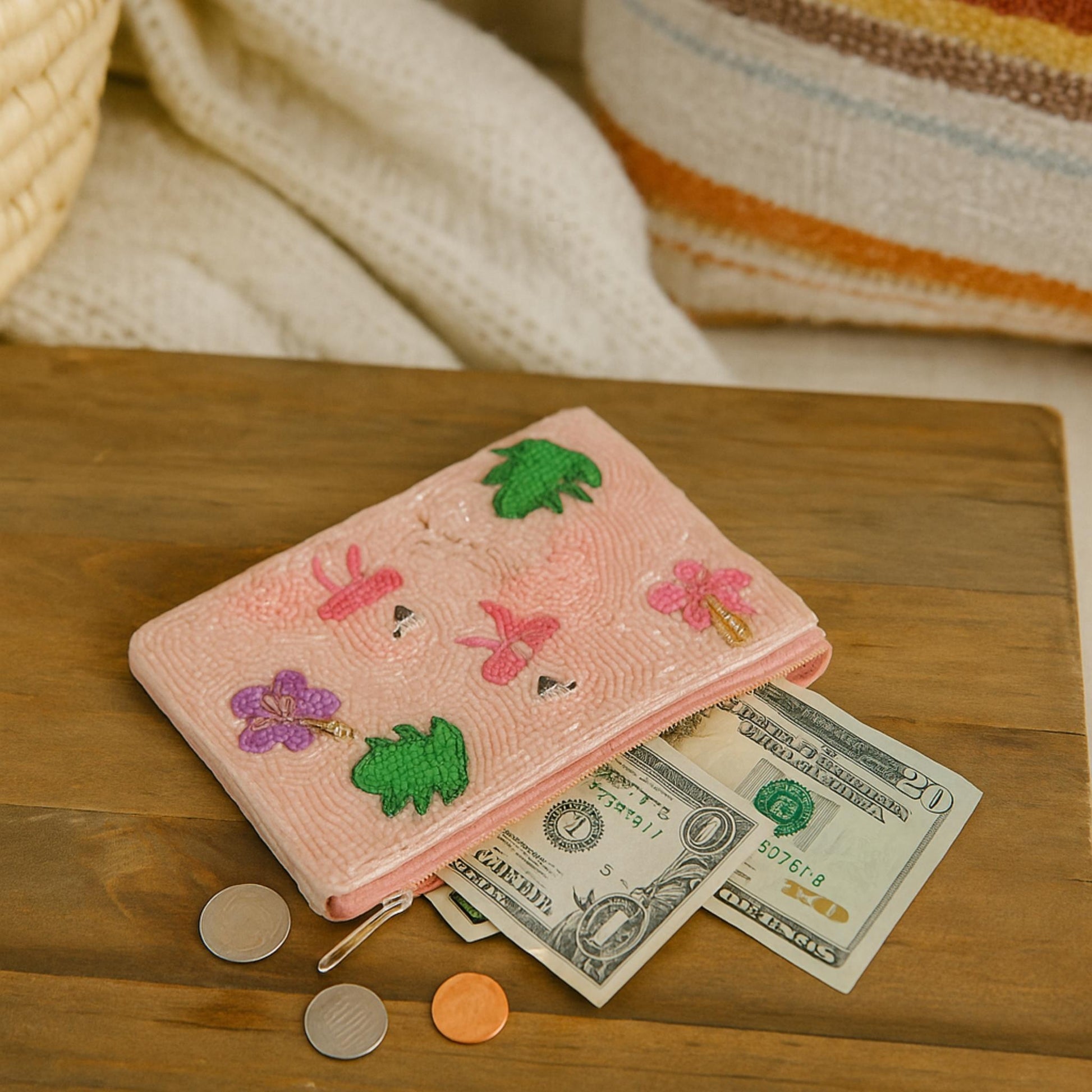 Pink Flamingo Theme Bead Embroidered Coin Bag - ZumBuys