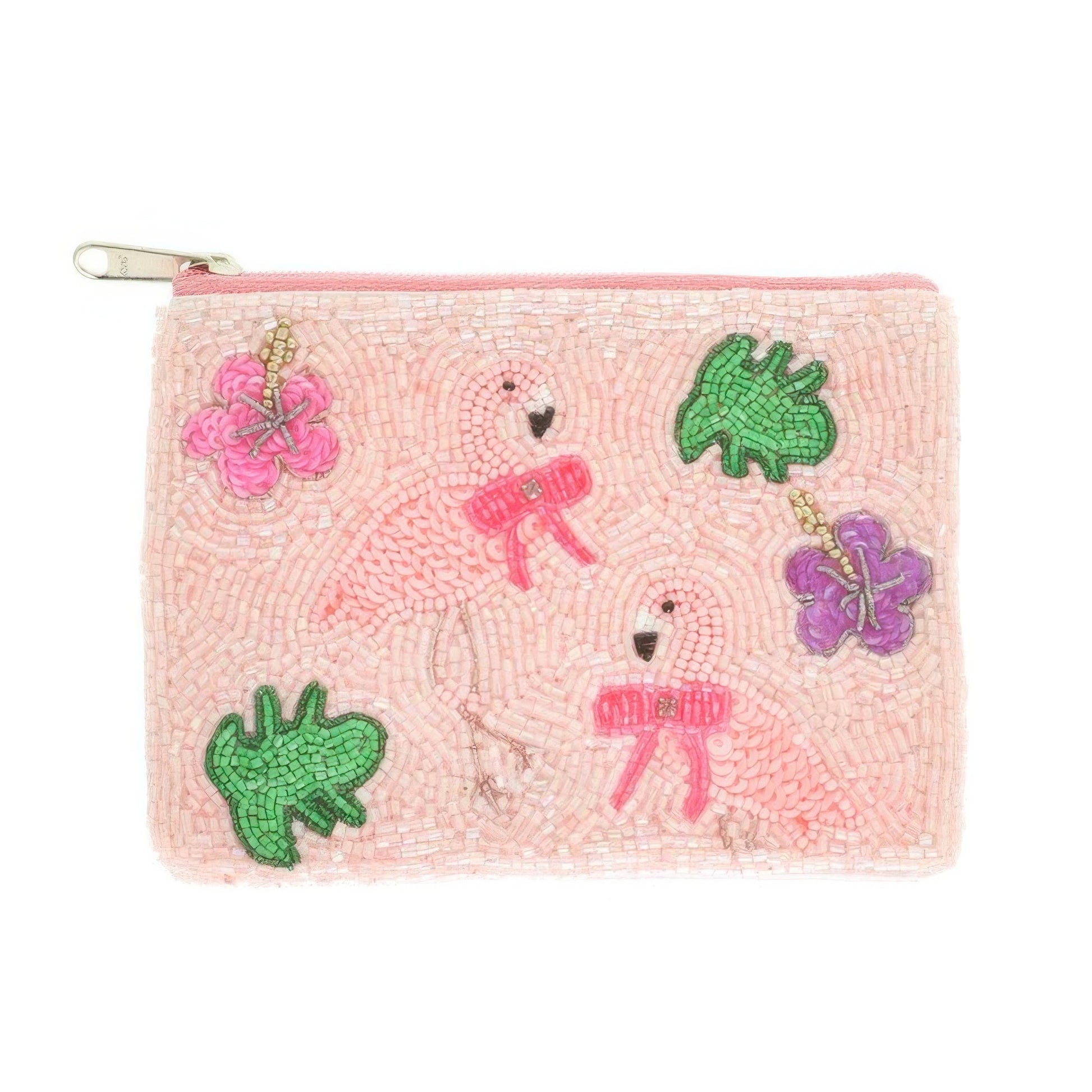 Pink Flamingo Theme Bead Embroidered Coin Bag - ZumBuys