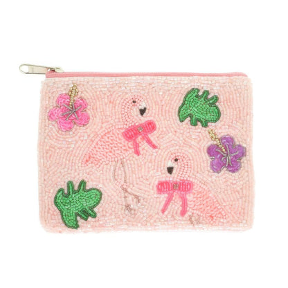 Pink Flamingo Theme Bead Embroidered Coin Bag - ZumBuys
