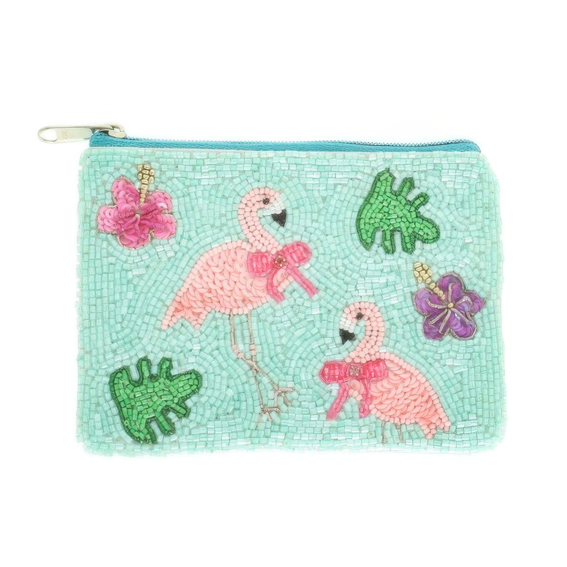 Pink Flamingo Theme Bead Embroidered Coin Bag - ZumBuys