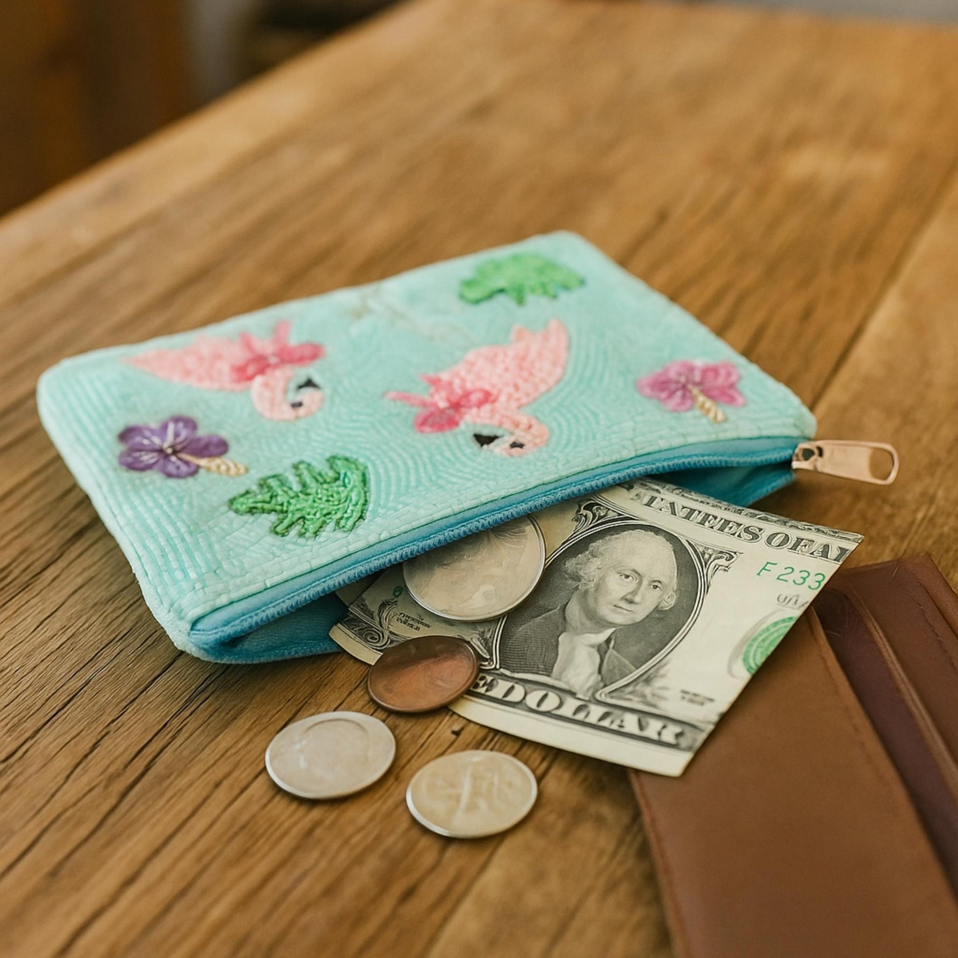 Pink Flamingo Theme Bead Embroidered Coin Bag - ZumBuys