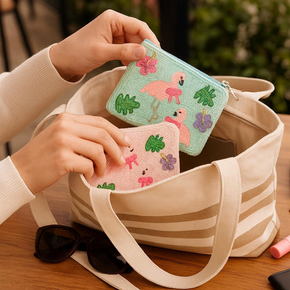 Pink Flamingo Theme Bead Embroidered Coin Bag - ZumBuys