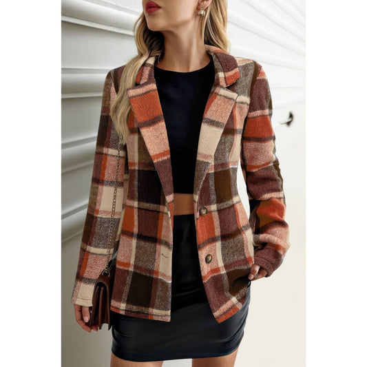 Plaid Lapel Collar Long Sleeve Button Coat - ZumBuys
