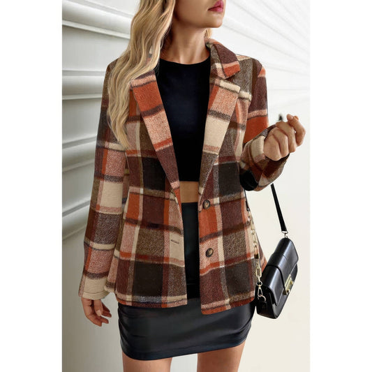 Plaid Lapel Collar Long Sleeve Button Coat - ZumBuys