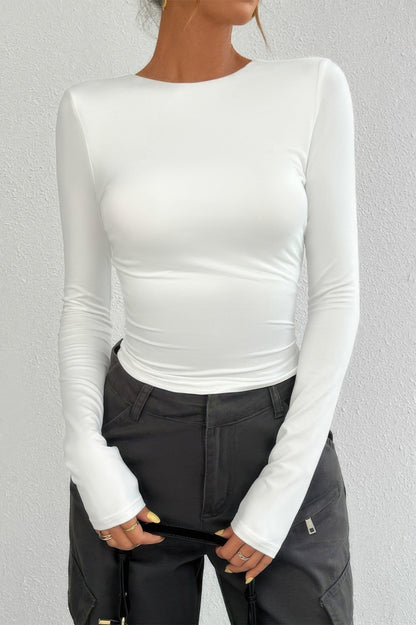 Plain Long Sleeve Open Back Slim Fit Top - ZumBuys