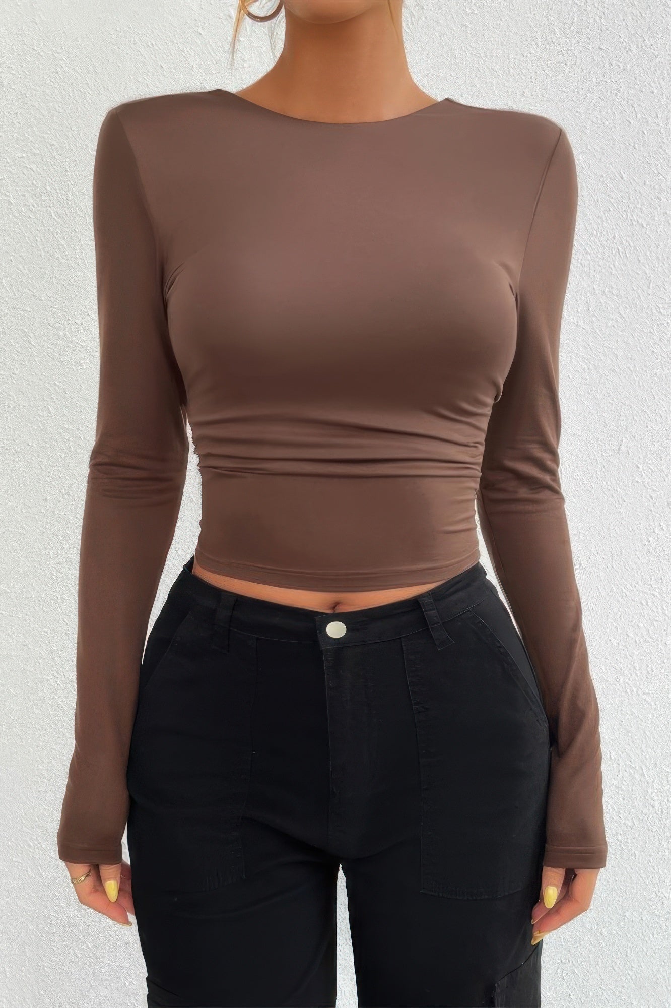 Plain Long Sleeve Open Back Slim Fit Top - ZumBuys