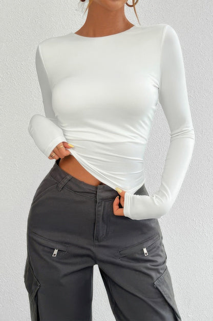Plain Long Sleeve Open Back Slim Fit Top - ZumBuys