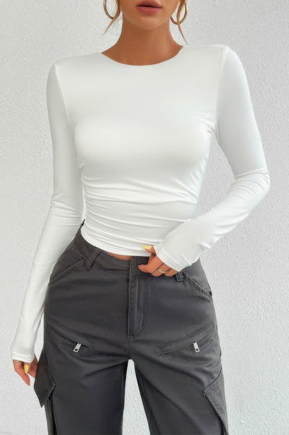 Plain Long Sleeve Open Back Slim Fit Top - ZumBuys