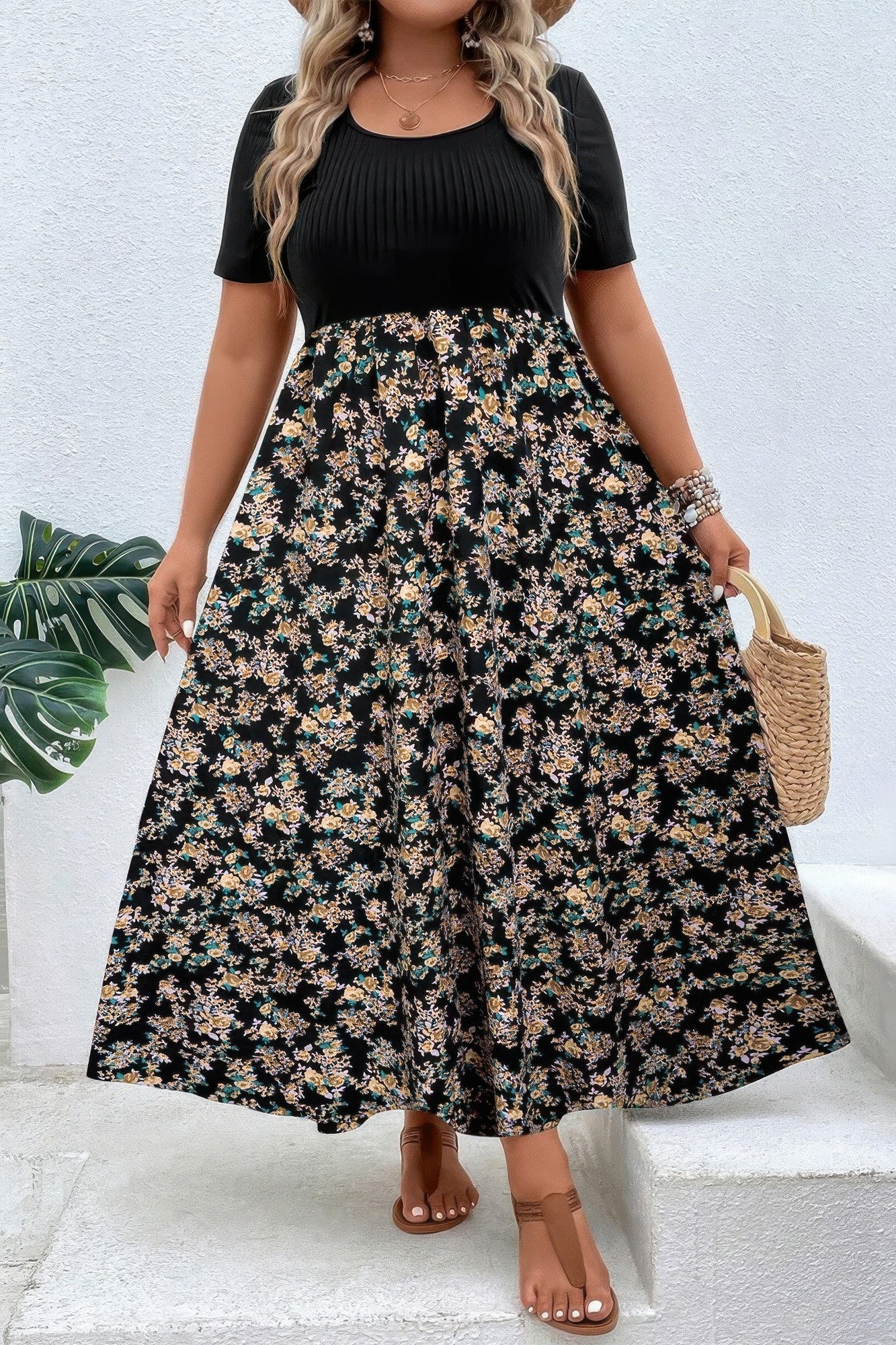 Plus Floral Print Elastic Fit High Waist Dress - ZumBuys