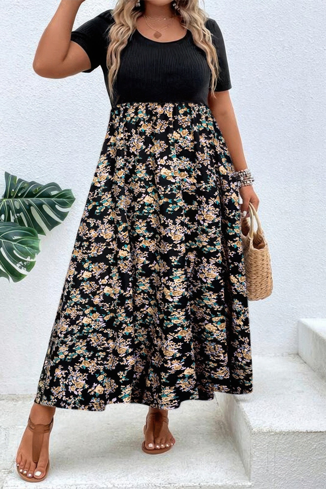Plus Floral Print Elastic Fit High Waist Dress - ZumBuys